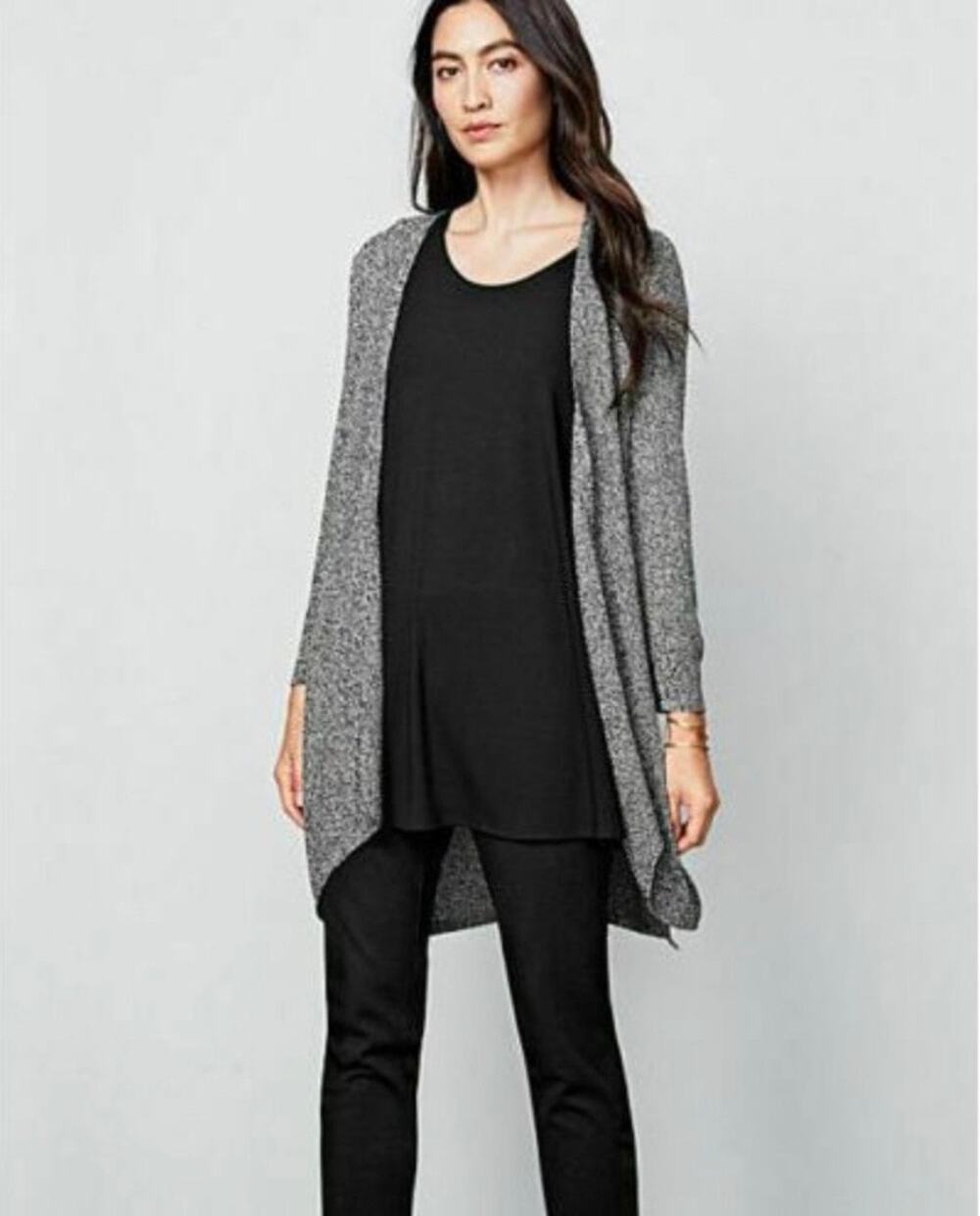 Eileen Fisher Sz S Black Gray Rayon Knit Angled Open Front Long Cardigan Sweater